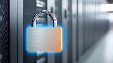 Fototapeta premium A digital padlock hovering over a cloud data center with a glowing blue energy field around it.