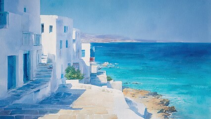 地中海 海岸街並み 水彩イラスト 青い海と白い建物の風景背景