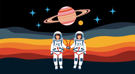Couple astronauts holding hands in space with Saturn and stars, a romantic vector illustration © Purnomo
