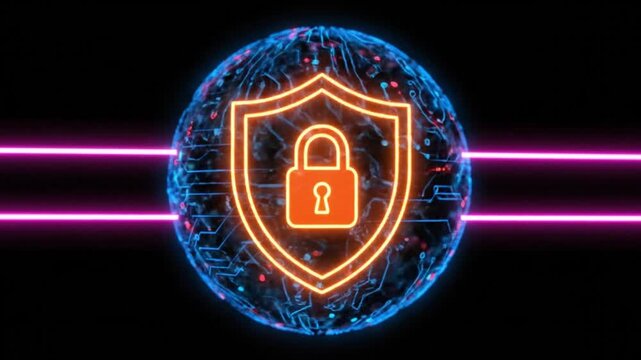 Neon Orange Security Shield with Padlock on Blue Circuit Board Sphere