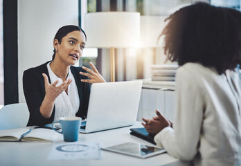 Obraz premium Laptop, discussion or woman with meeting in office, insurance registration or explain coverage options. Background check, policy limitations or agent with pc for client consultation, talk or advice