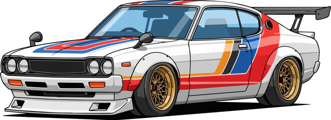 Vintage sports car illustration featuring colorful stripes and racing design elements on a sleek vehicle from a side view © Faisal