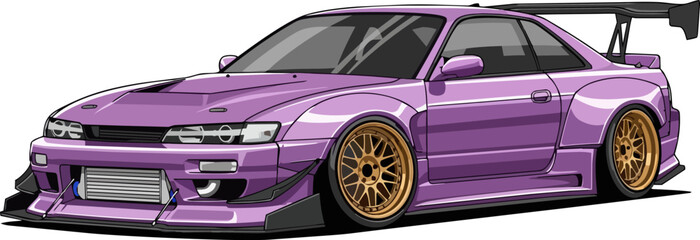 A high-performance sports car with a vibrant purple finish, featuring gold rims and a sleek aerodynamic design on a clean background from a front-side viewpoint © Faisal