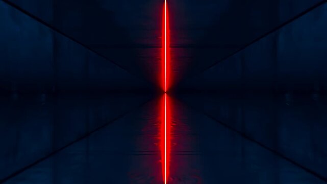 Deep dark corridor with a bright red laser light beam abstract animation, sci fi tunnel. dark, tunnel, neon.