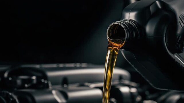 Car Engine Oil Being Poured During Maintenance Service With Engine Components Visible In The Background For Automotive Repair Articles Ads