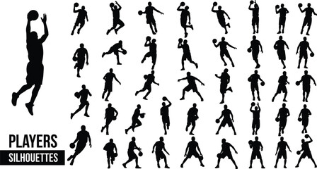 Black basketball player silhouettes set with dunking dribbling and shooting action poses for sports competition team league and athletic design © Osiar