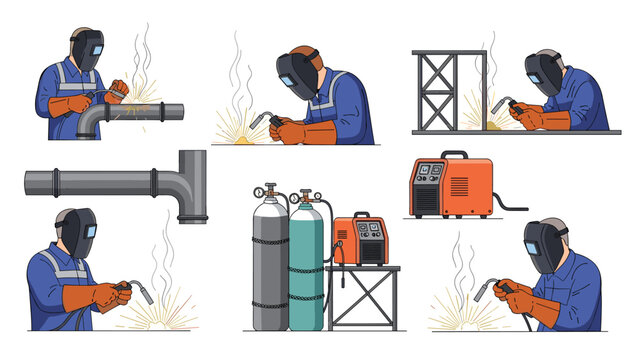 Industrial welders in protective gear working with various metal structures and specialized equipment including gas cylinders and machines.