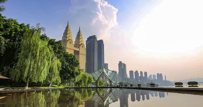 Chongqing Skyline with Twin Towers and Water Reflection