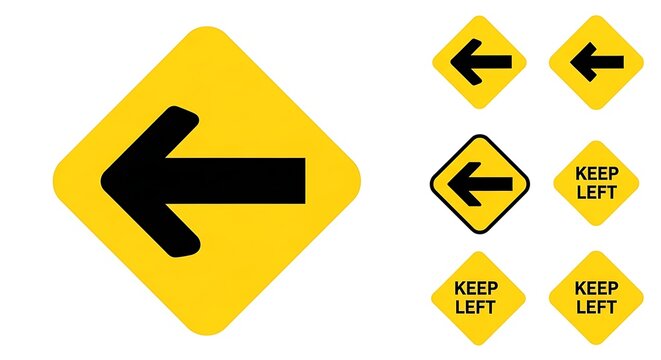 Yellow directional signs with black arrows pointing left