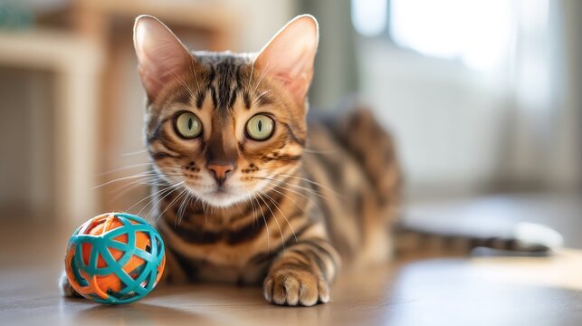 pet enrichment products, curious bengal cat enjoys interacting with a bright puzzle feeder, demonstrating problem-solving skills and playful nature great for engaging pet care content