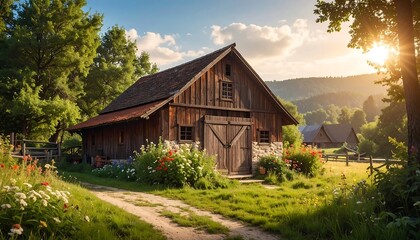 Fototapeta premium Rustic barn sits amidst lush greenery with sun-drenched meadow and distant rolling hills in countryside setting