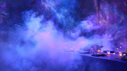 Ethereal dining experience under a cosmic sky with mist, featuring elegant table settings and stars