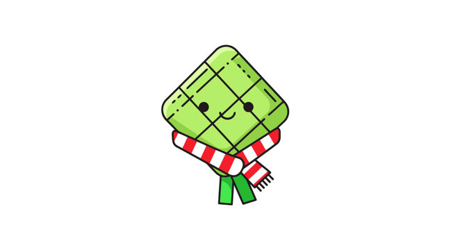 A cute green square-shaped kiwi fruit character wearing a red and white checkered scarf in a playful digital cartoon illustration style on a white background with a holiday theme and a smili