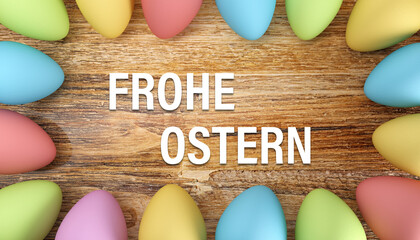 Illustration - 16 Pastellfarbene Ostereier auf rustikalem Holz - Frohe Ostern