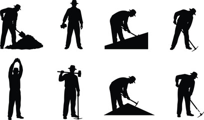 Construction worker silhouettes, shovel digging, drill usage, pickaxe swinging, sledgehammer holding, ladder climbing, manual labor, mining teamwork artwork design © MstParvin