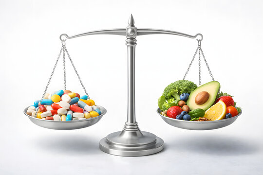 Chemical vs Natural Balance &ndash; Medicine and Healthy Food on Scale