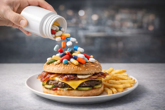 Overmedication Concept &ndash; Fast Food Lifestyle and Pill Dependency