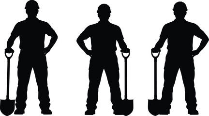 Construction worker silhouettes, shovel holding, hard hat safety, teamwork stance, confident posture, occupational safety, industrial site, labor illustration artwork design © MstParvin