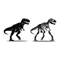 Tyrannosaurus rex depiction a living dinosaur and its skeletal Icon Silhouette vector black design on a white background © 4k Vectors