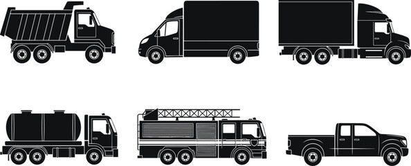 Commercial truck silhouettes collection including dump truck, delivery van, tanker truck, fire engine, semi trailer and pickup truck isolated logistics transport vehicle icons © MostArjuma