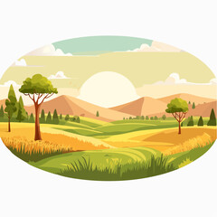 Obraz premium Vibrant illustration of a peaceful rural landscape with rolling green and golden hills under a bright, expansive sky