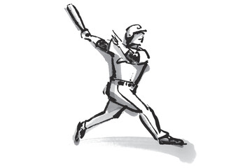 野球でホームランを打ったバッターの筆で描いた白黒イラスト