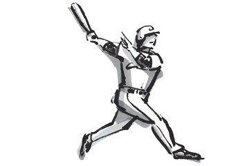野球でホームランを打ったバッターの筆で描いた白黒イラスト