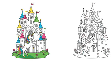 Majestic Unicorn in front of a Magical Rainbow Castle - Fantasy Kingdom Illustration © MdAbdul