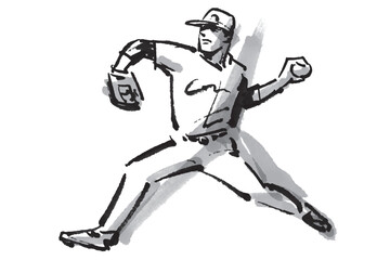 力強いボールを投げるピッチャーの筆で描いた白黒イラスト