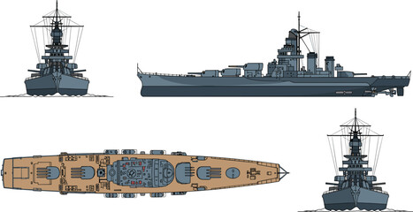 Detailed battleship warship vector illustration showing front side and top views of a naval military vessel designed for maritime warfare defense fleet operations © Mostofa Expressive