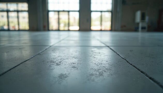 Empty large industrial space floor with matte sealant finish. Natural light reflects from smooth concrete surface. Building interior with large windows shows outside view.