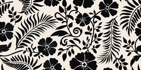 Black and white tropical floral pattern with leaves and swirling vines © John Lee