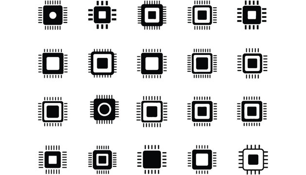 Microchip vector icons set for technology and electronics design