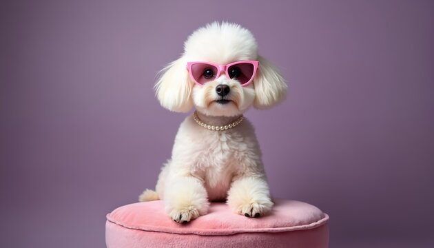 White fluffy poodle wears pink sunglasses and pearl necklace. Dog poses on pink cushion. Pet is dressed up on purple background. Fashionable puppy.