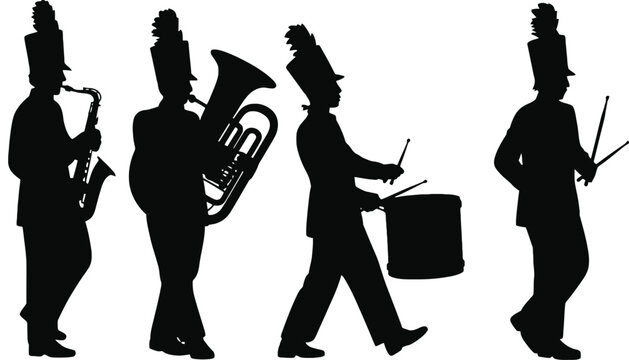 Marching band silhouette illustration with musical instruments and uniforms