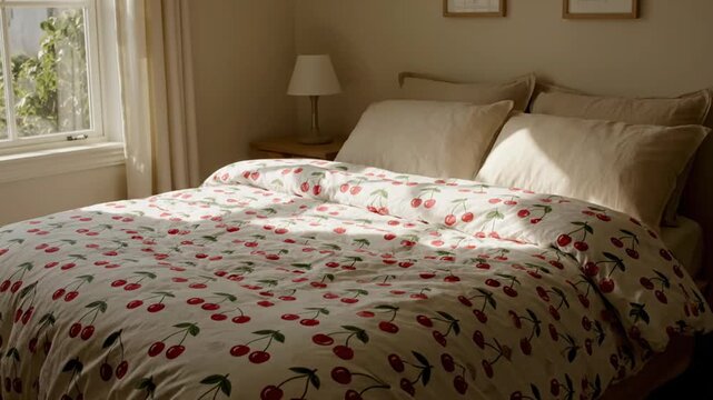 Cherry bedding bright room.