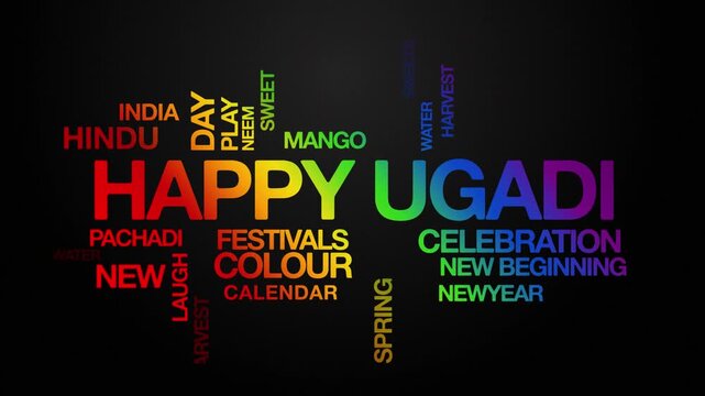 Happy ugadi concept Animated Tag Word Cloud kinetic typography, Text Design Animation typography seamless loop video motion graphics Intro Wordart festive rainbow type on black background bg backdrop