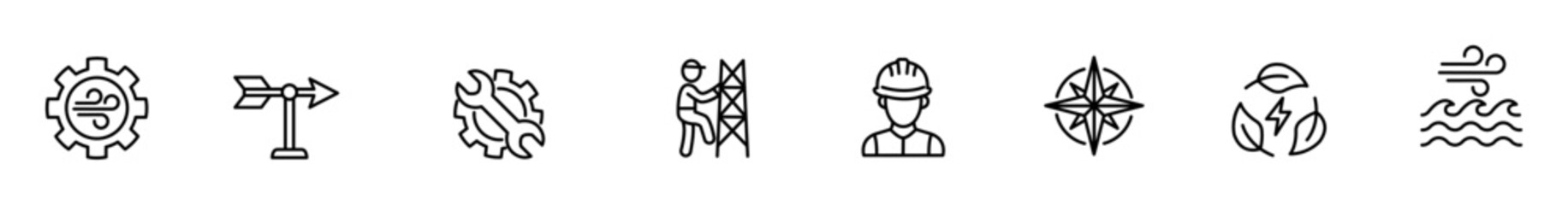 Renewable energy wind turbine technician engineer construction compass recycle water line icon set for sustainable industry, electricity, navigation, environment, and offshore power © Alice a.