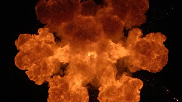 A bright orange fireball bursts into a flower shape against a dark background