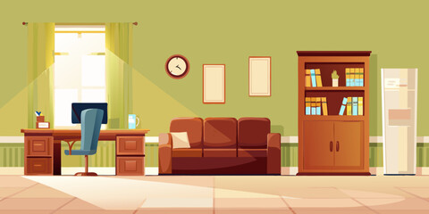 A brightly lit cartoon living room featuring a desk sofa and bookcase © John Lee