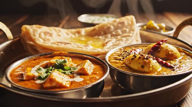 Steaming Indian curries and flatbread served in a traditional brass tray.