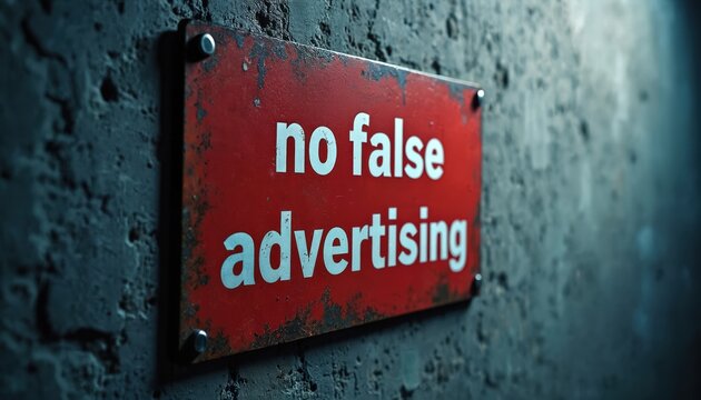 Red metal sign on rough wall states NO FALSE ADVERTISING. Metal shows rust and wear. Sign implies need for truth in marketing and promotions.