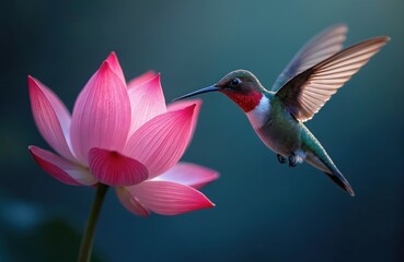 Fototapeta premium Tiny hummingbird hovers near bright pink lotus flower. Bird has iridescent green feathers and red throat. Soft focus blue background creates bokeh effect. Nature scene.