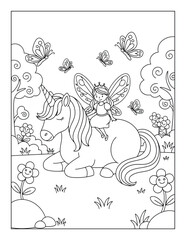 Unicorn coloring page with fairy princess riding magical pony © Crafter