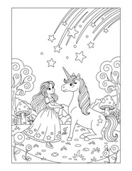 Obraz premium Unicorn coloring page with princess watching magical shooting stars