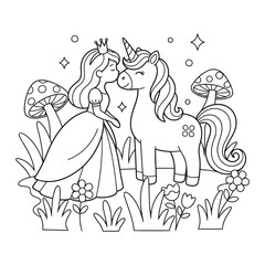 Obraz premium Unicorn coloring page with princess sharing magical kiss