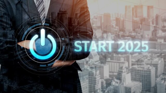 Start 2025 concept with futuristic power button symbolizing fresh beginnings, innovation, and digital transformation. Start 2025, new goals, and start 2025 initiative. Muxer