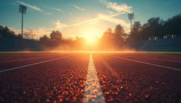 A running track at sunrise with stadium lights and distant trees creates a sense of athletic anticipation.