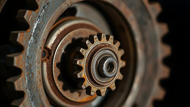 susceptibility. A rusted mechanical gear assembly with one jammed gear, metallic textures, industrial aesthetic. safety posters.