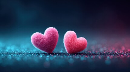 Fototapeta premium Two fluffy pink hearts on a glittery surface, perfect for Valentine's Day.